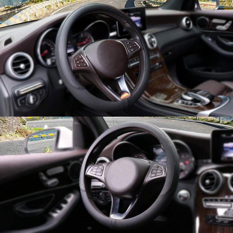 COFIT Breathable Car Steering Wheel Cover 15 inch Auto Universal Leather Wrap Non-Slip Steeringwheel Protector Automotive Interior Accessories, Black (Suit for 14.5-15 inch) - Image 2